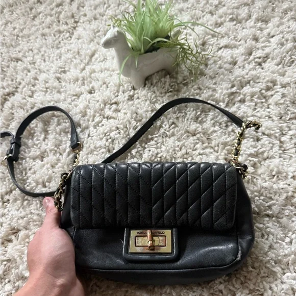 Black Karl lagerfeld leather quilted shoulder bag  gold hardware quilted… - Picture 2 of 6
